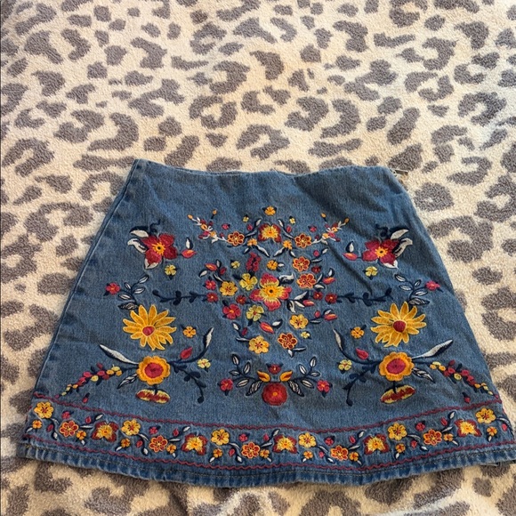 Francesca's Collections Dresses & Skirts - Embroidered Floral Denim Mini Skirt